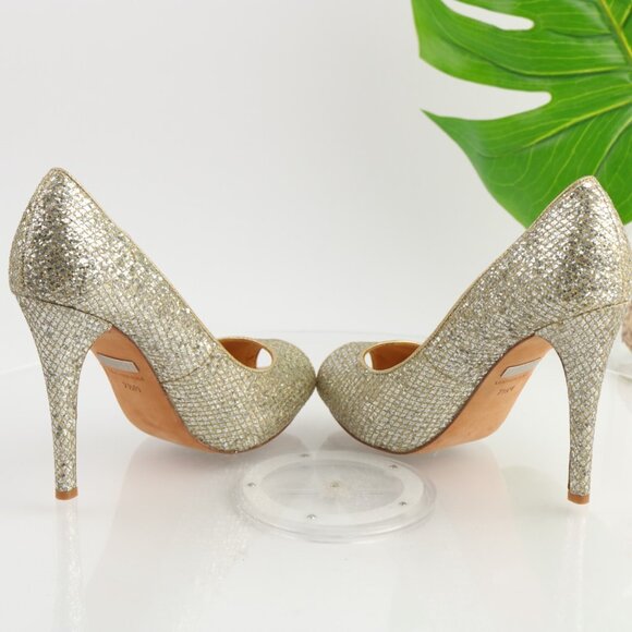 Badgley Mischka Women Humbie Pump Size 7.5 Gold Glitter Platfrom Heel Dress Shoe - Picture 8 of 12